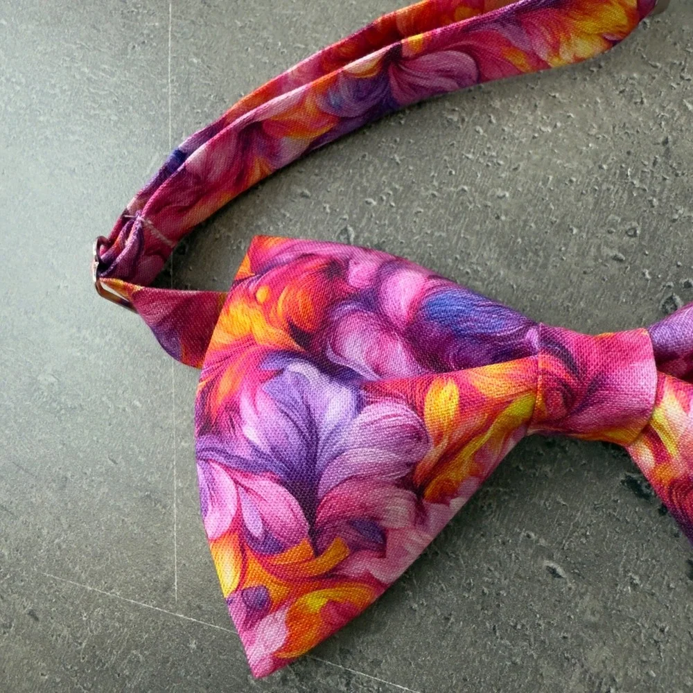 Abstract Floral Bow‎ Tie and Pocket Square Set Purple Pink Orange Formal